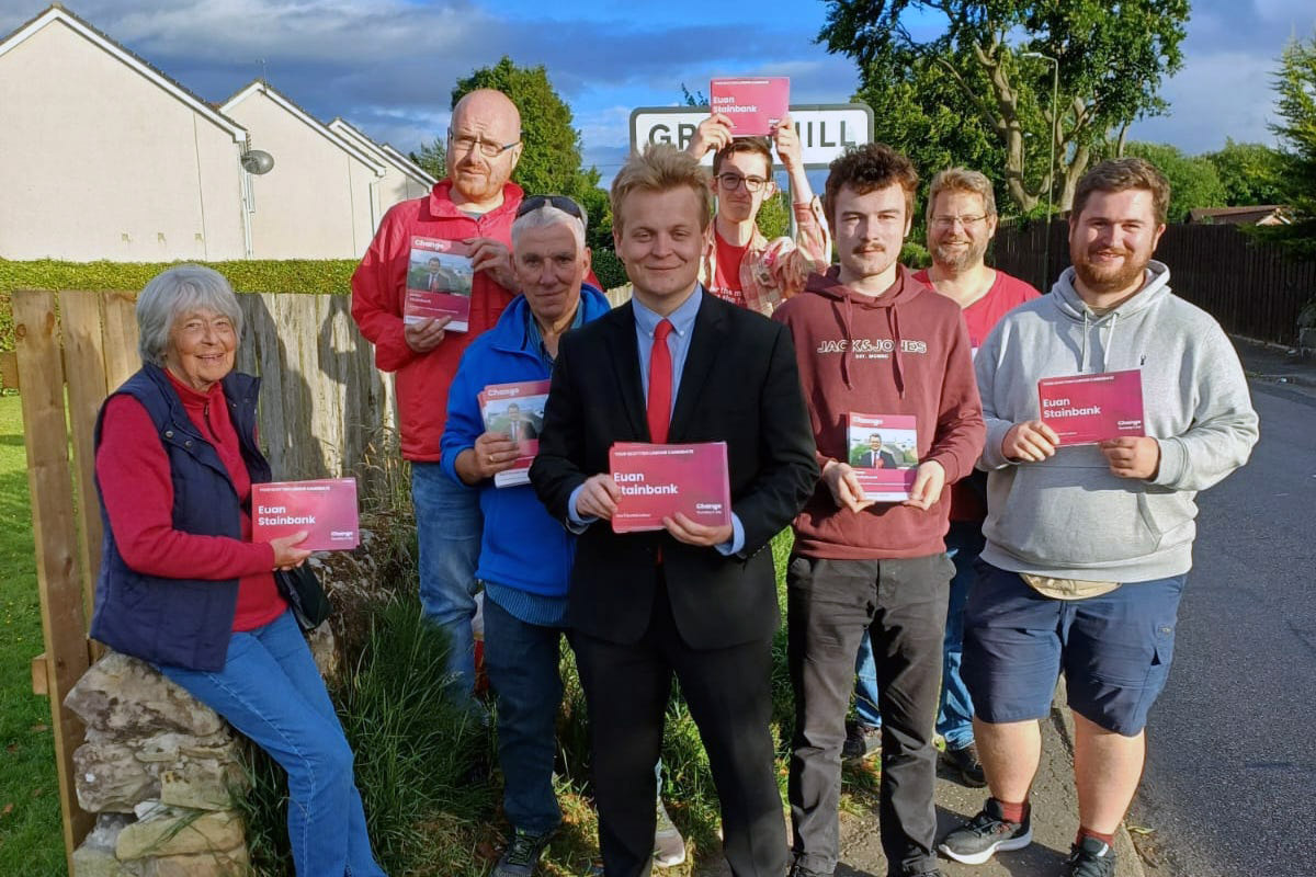 Falkirk Labour candidate for Falkirk Euan Stainbank and campaigners canvassing Greenhill