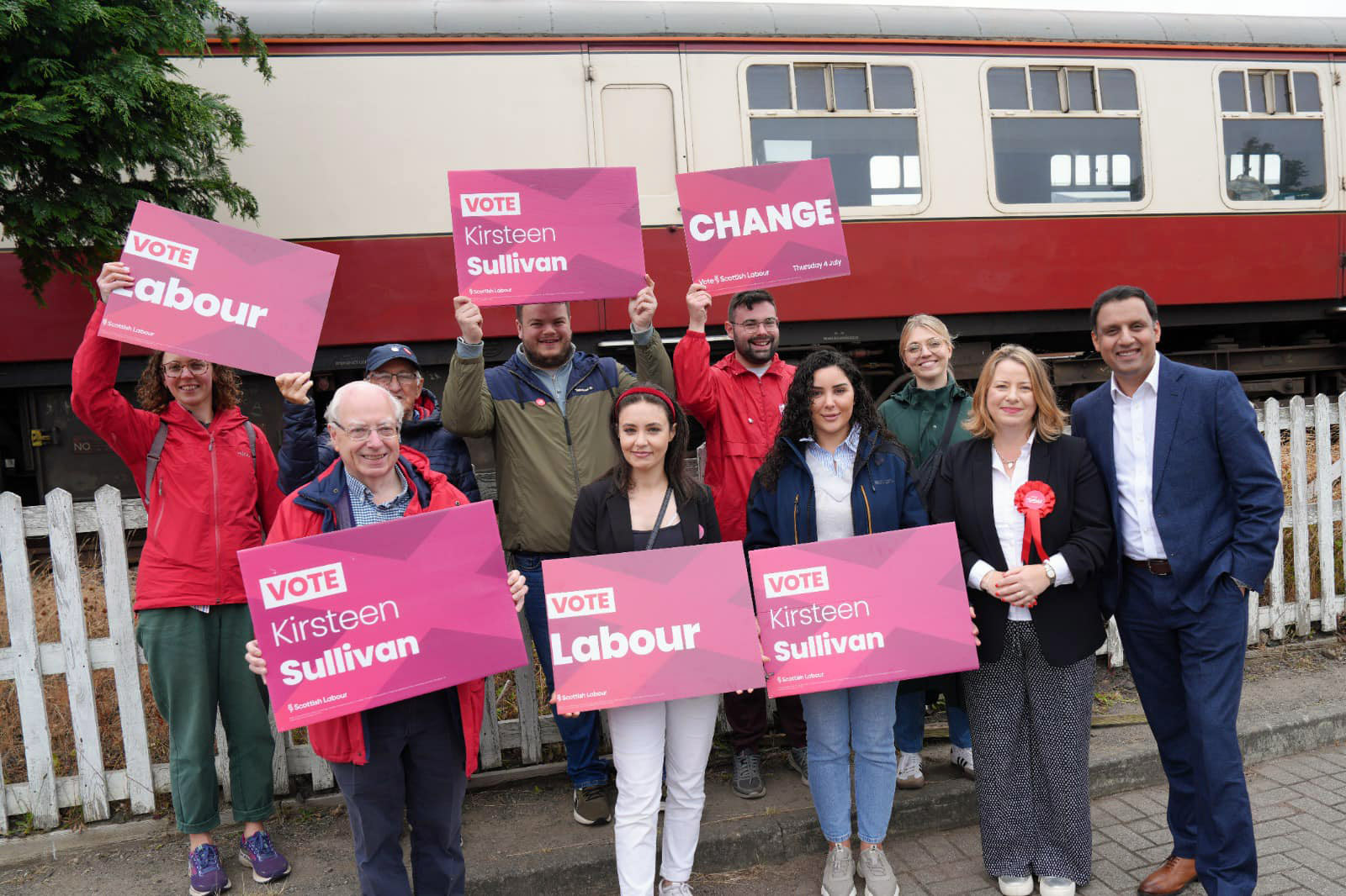 Falkirk Labour candidate for Bathgate and Linlithgow Kirsteen Sullivan with Scottish Labour Leader Anas Sarwar and campaigners at Bo'ness and Kinneil Railway