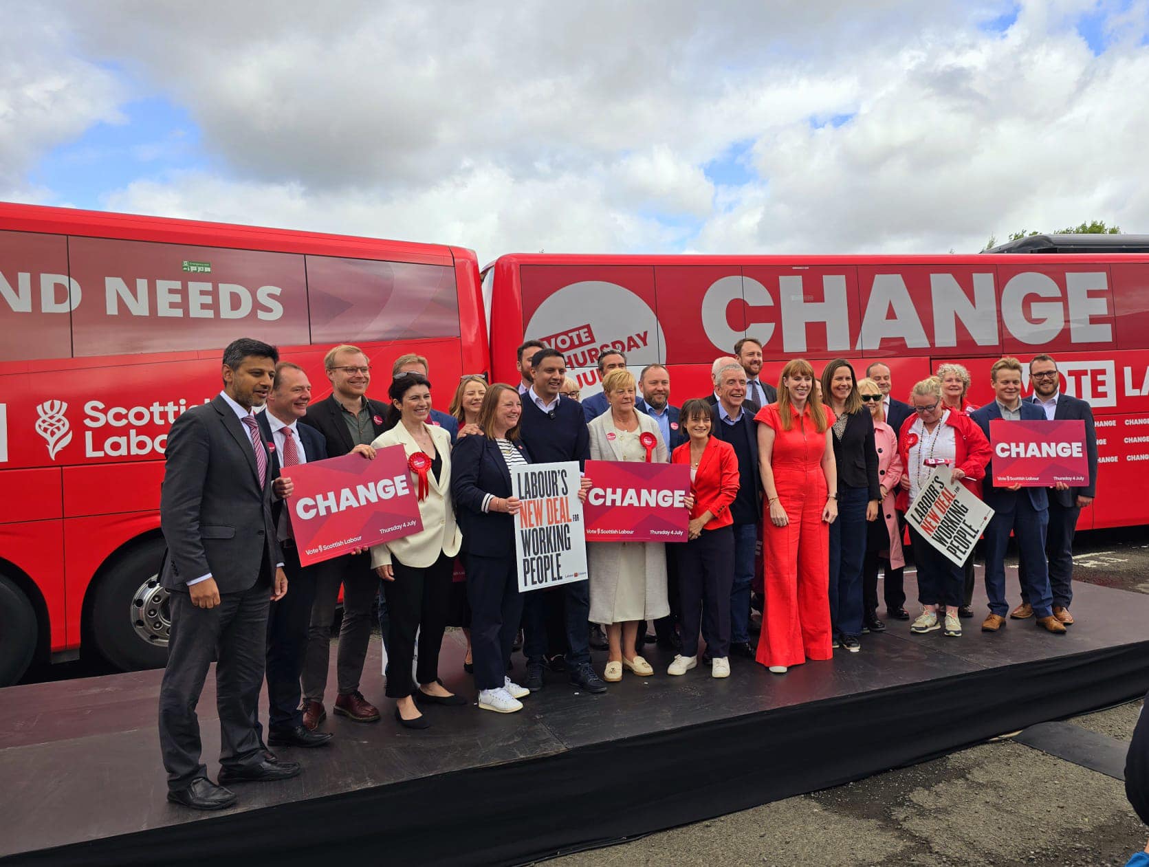 Scottish Labour Leader Anas Sarwar and Labour Deputy Leader Angela Rayern, with Falkirk Labour candidate for Bathgate and Linligthgow Kirsteen Sullivan and campaigners