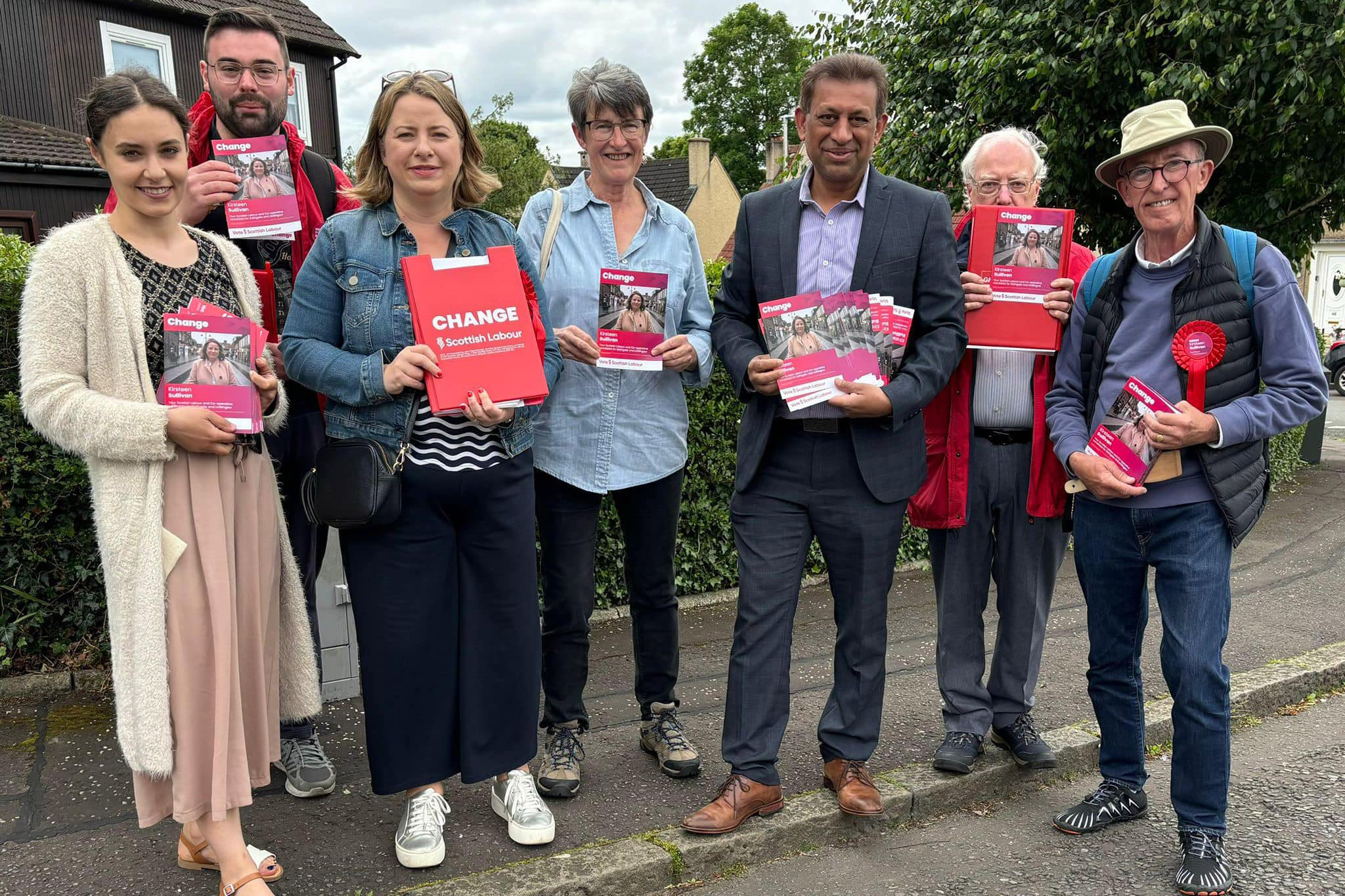 Falkirk Labour candidate for Bathgate and Linlithgow Kirsteen Sullivan with Ann Henderson, Foysol Choudhury and campaigners on the campaign trail