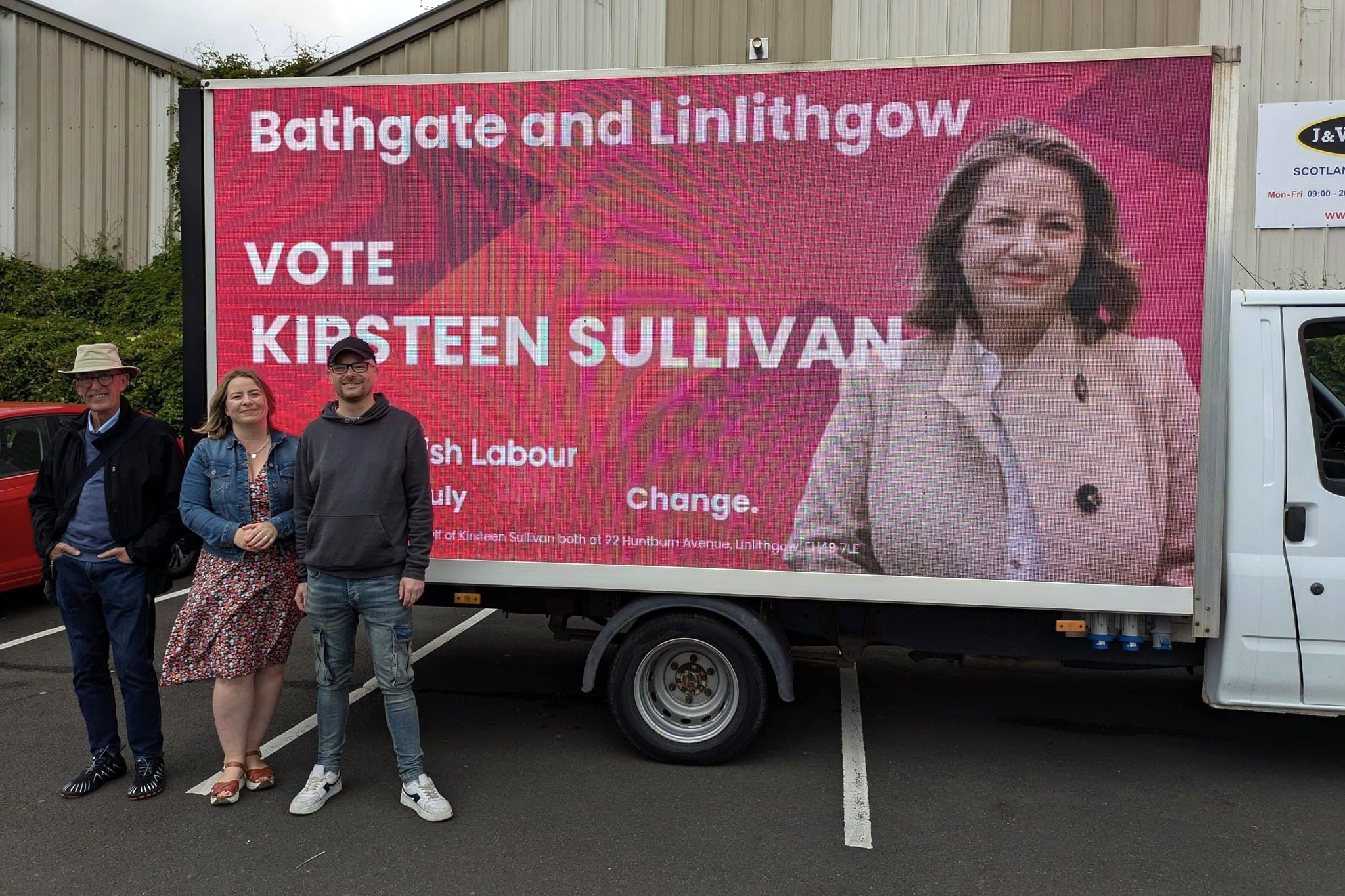 Falkirk Labour candidate for Bathgate and Linlithgow Kirsteen Sullivan with her mobile billboard