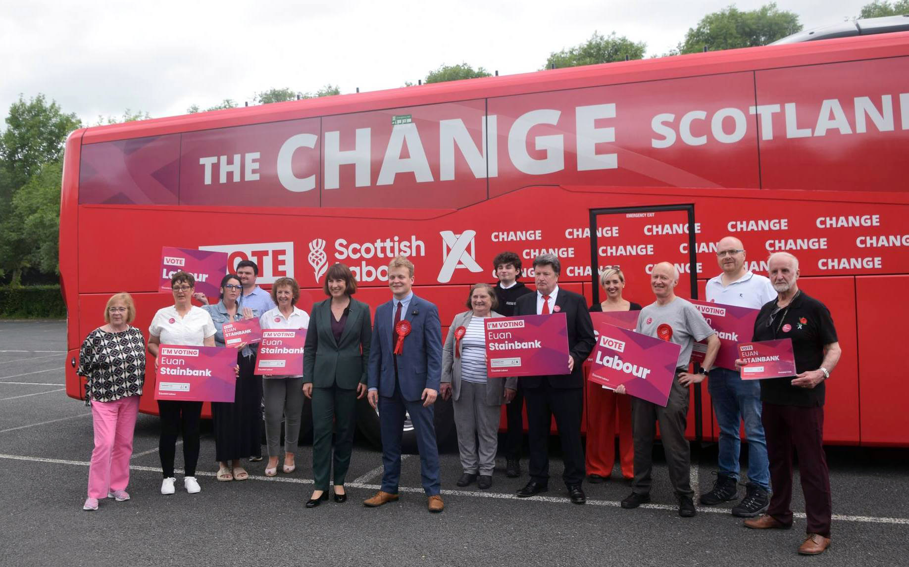Labour Shadow Chancellor Rachel Reeves with Falkirk Labour candidate Euan Stainbank, local councillors and campaigners